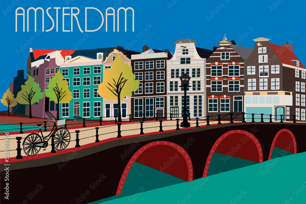 Illustration of Amsterdam city. Amsterdam city skyline, Amsterdam city space, Amsterdam cityscape,