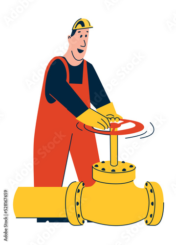 Element of the gas pipeline. A uniformed worker opens or shuts off the gas supply. The gas operator maintains the gas transportation hub. Illustration in flat cartoon style. Man working clothes. photo