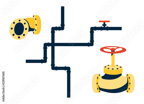 Set of gas pipeline elements. Valve for closing or opening the gas supply. Connecting elements in metal structures. Illustration in flat cartoon graphic style. Connecting pipe with a bend.
