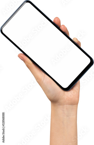 Hand holding smartphone isolated on background. PNG format file.