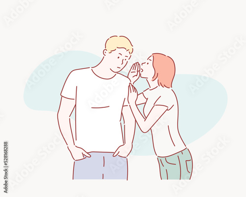 Woman whispering gossip or secret rumors to man. Hand drawn style vector design illustrations.