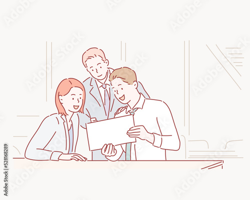 Partners discussing documents and ideas at meeting. Hand drawn style vector design illustrations.