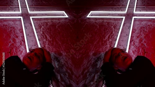 possession by devil or demon, mad woman with crazy black eyes on church, double portrait