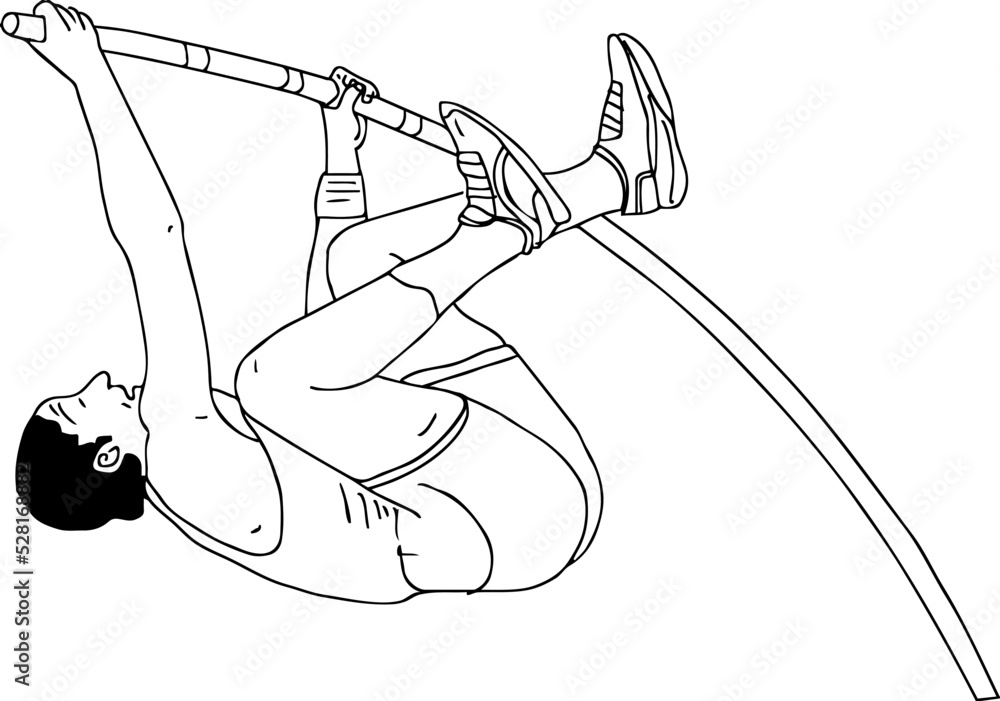 Pole vault player vector, Outline sketch drawing of pole vault athlete
