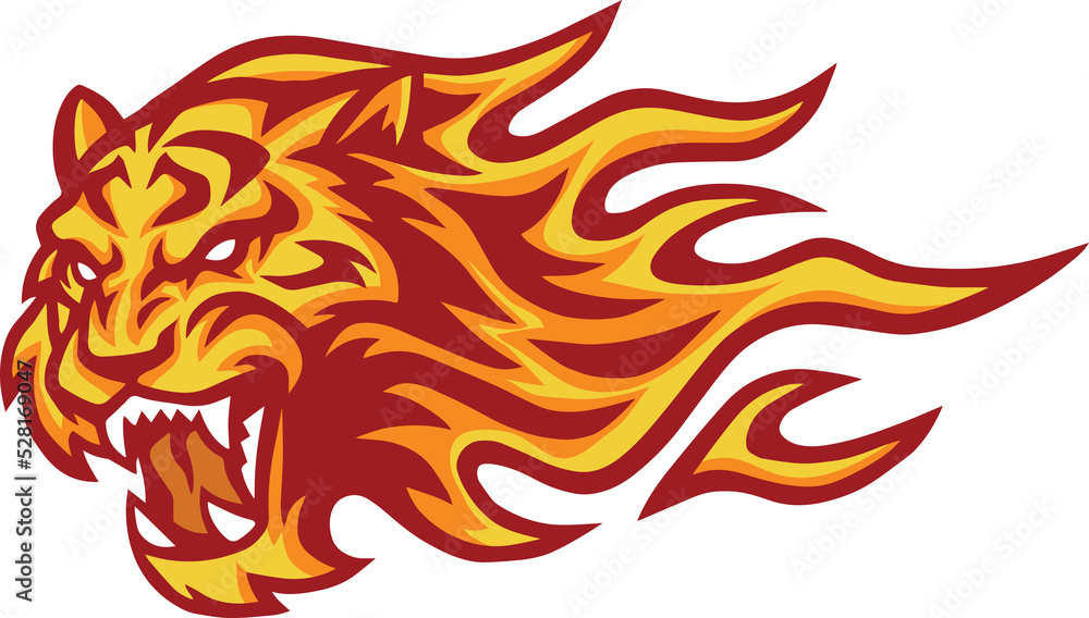 Tiger Roaring Head Fire Burning Flame Logo Mascot Design Tiger Roaring Head Fire Burning Flame Logo Mascot Design