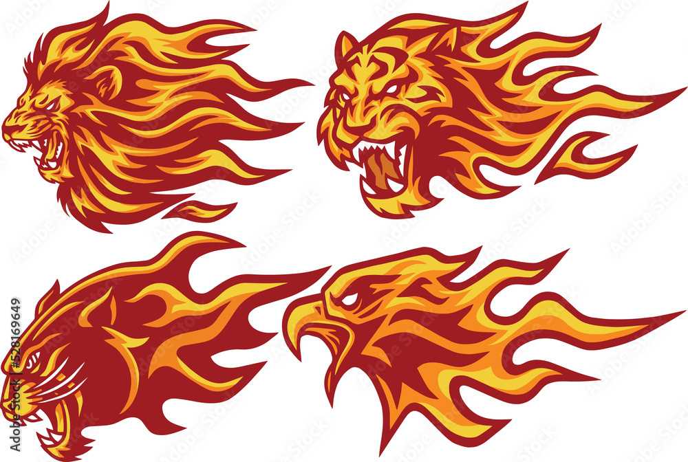 Wild Animals Flaming Flame Heads Set. Lion, Tiger, Jaguar, Panther Eagle Mascot Logo Design