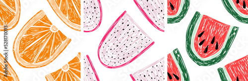 Pitahaya, watermelon and orange fruit sketch. Seamless pattern set. Hand drawn vector illustration. Pen or marker fruits