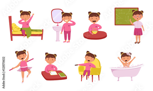 Children's daily routine vector set. Illustrations of a cute cheerful girl wakes up and performs routine daily activities. Scheduler. Brushing teeth, studying at school, ballet class, homework, rest