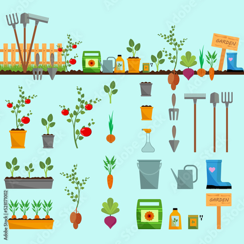 Garden Illustration. Collection of gardening elements and tools. Vector illustration in flat style