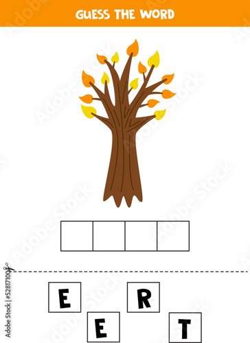Spelling game for preschool kids. Cartoon autumn tree.