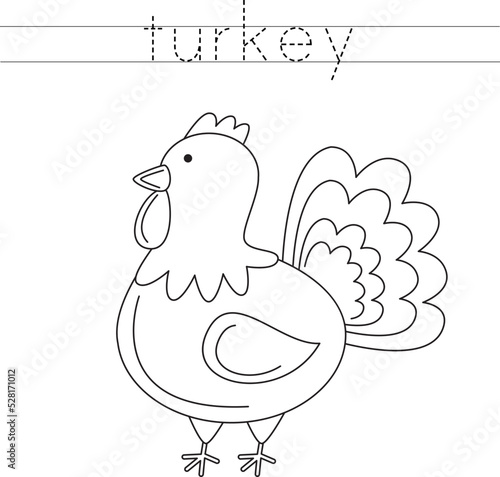 Trace the letters and color turkey. Handwriting practice for kids.