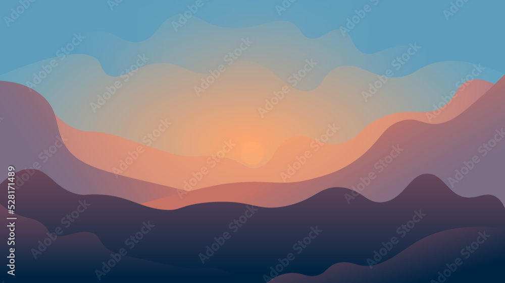 Trendy landscape with mountains, forest, clouds, and river. Beautiful wallpaper with nature in vector format.