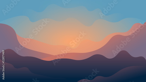 Trendy landscape with mountains, forest, clouds, and river. Beautiful wallpaper with nature in vector format. © Erik