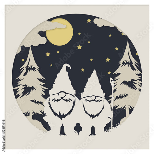 Merry Christmas vector illustration, 3D layered paper cut style. Shadow box. Christmas gnome and Christmas tree. 