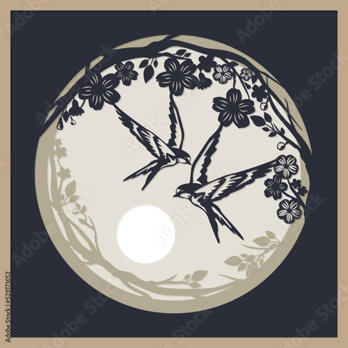 Swallow bird vector illustration. Paper cut out style. Layered 3D paper cut, Shadow box