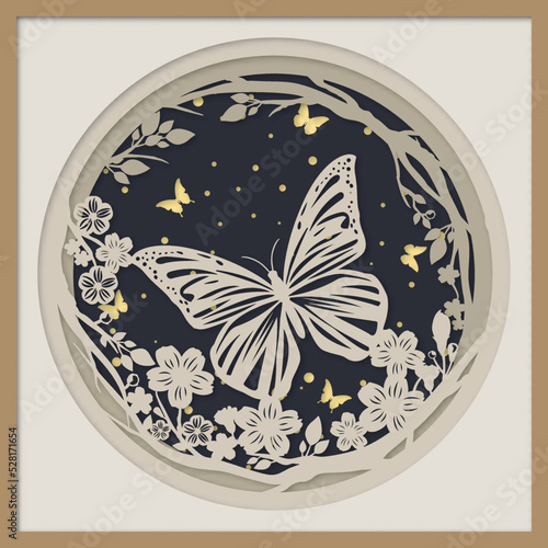 Layered paper cut Flowers and Butterflies. Paper cut out design. Shadow box style. 3D design. 
