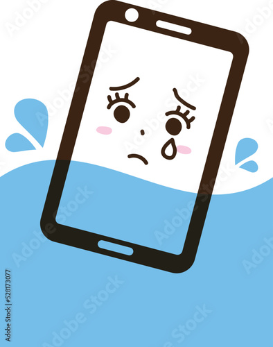 スマートフォン　トラブル　擬人化　顔　表情　水没　水害　防水