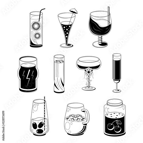Set Abstract Collection Doodle Elements Hand Drawn Drink Liquid Beverage Cocktail Alcohol Sketch Vector Design Style Background Illustration For Restaurant Cafe Illustration Icons