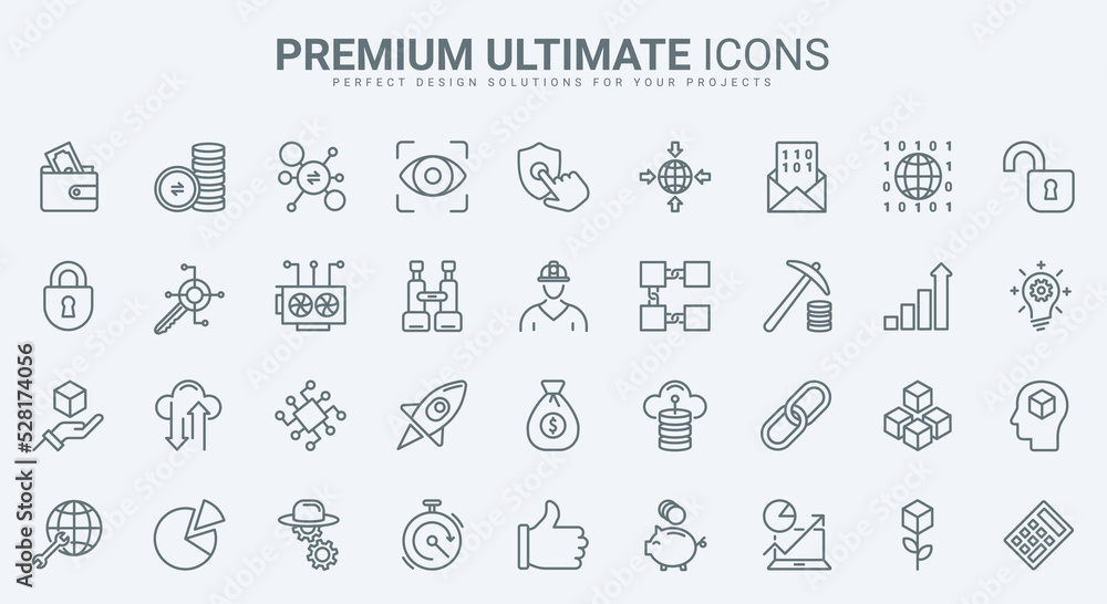 Blockchain, bitcoin thin line icons set vector illustration. Outline crypto money in digital wallet and data mining in network, cryptocurrency exchange, transaction and payment pictogram, cryptography Blockchain, bitcoin thin line icons set vector illustration. Outline crypto money in digital wallet and data mining in network, cryptocurrency exchange, transaction and payment pictogram, cryptography