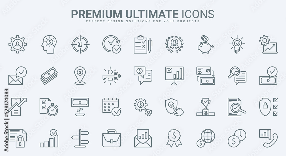 Business communication, commerce and time management thin line icons set vector illustration. Outline global enterprise organization symbols for finance presentation, briefcase and lightbulb, money Business communication, commerce and time management thin line icons set vector illustration. Outline global enterprise organization symbols for finance presentation, briefcase and lightbulb, money