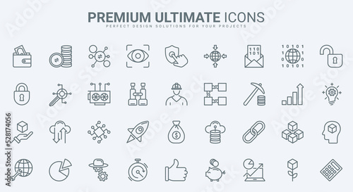 Blockchain, bitcoin thin line icons set vector illustration. Outline crypto money in digital wallet and data mining in network, cryptocurrency exchange, transaction and payment pictogram, cryptography