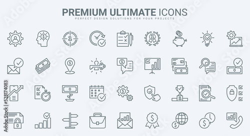 Business communication, commerce and time management thin line icons set vector illustration. Outline global enterprise organization symbols for finance presentation, briefcase and lightbulb, money