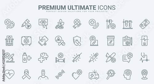 Medical care thin line icons set vector illustration. Outline medicine symbols, hospital and laboratory equipment and pills prescription for pharmacy, emergency help, diagnosis and treatment by doctor