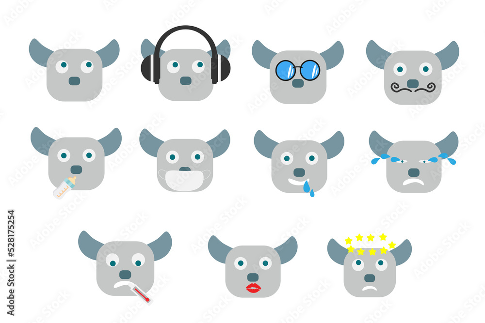 Set of cute cartoon buffalo in various poses on white background.