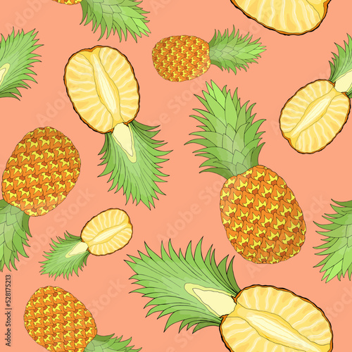 Whole and cut pineapple random repeat seamless pattern. Tropical fruit endless texture. Irregular boundless background. Pastel summer surface design. Editable tile for cloth, interior, notebook cover