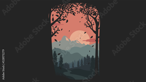 silhouette of trees at night with mountain view and sunset