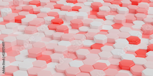 Geometric hexagons white and red colors, luxury abstract background. Horizontal format banner. 3d rendering illustration.