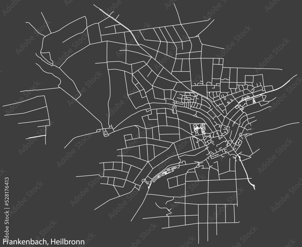 Detailed negative navigation white lines urban street roads map of the FRANKENBACH DISTRICT of the German regional capital city of Heilbronn, Germany on dark gray background