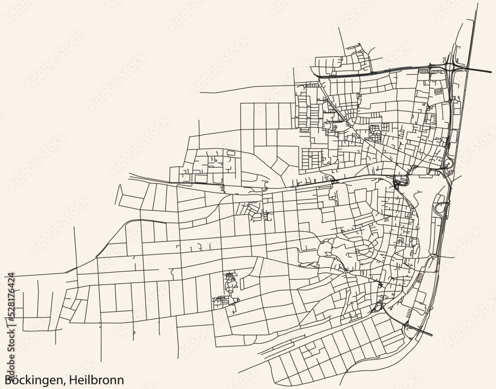 Detailed navigation black lines urban street roads map of the BÖCKINGEN DISTRICT of the German regional capital city of Heilbronn, Germany on vintage beige background Detailed navigation black lines urban street roads map of the BÖCKINGEN DISTRICT of the German regional capital city of Heilbronn, Germany on vintage beige background