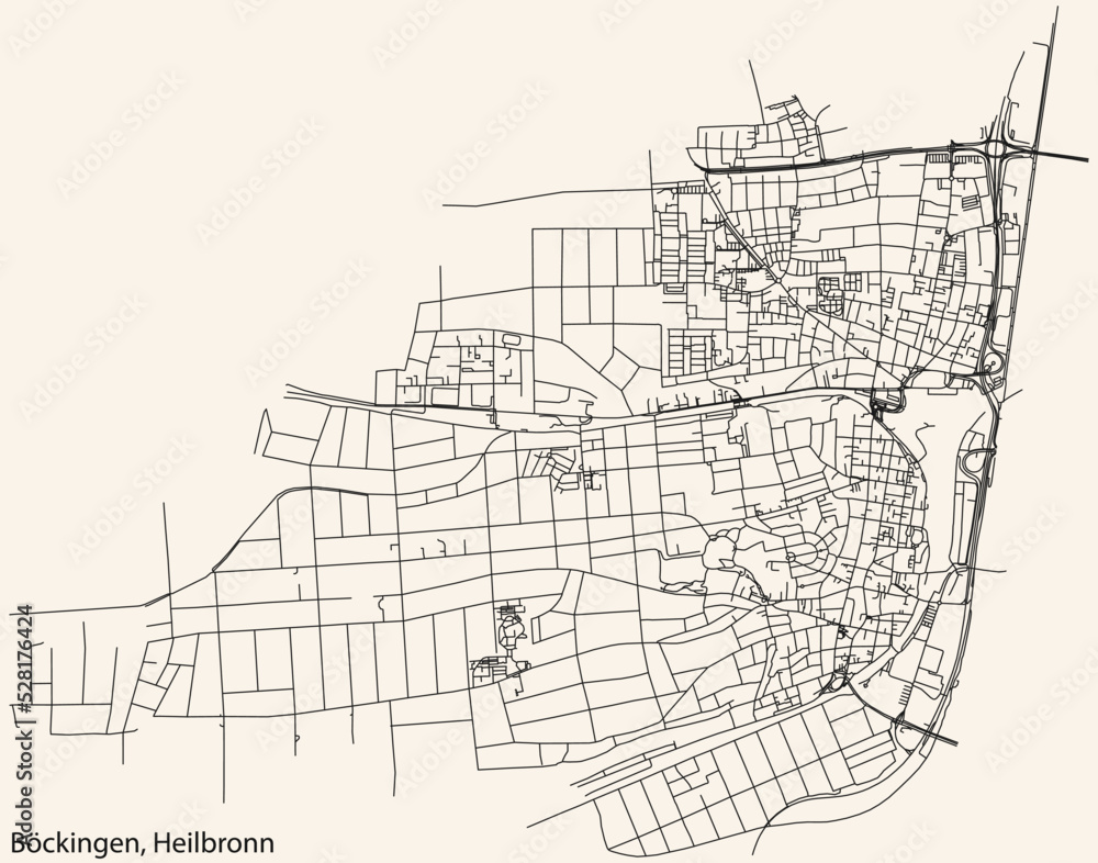 Detailed navigation black lines urban street roads map of the BÖCKINGEN DISTRICT of the German regional capital city of Heilbronn, Germany on vintage beige background