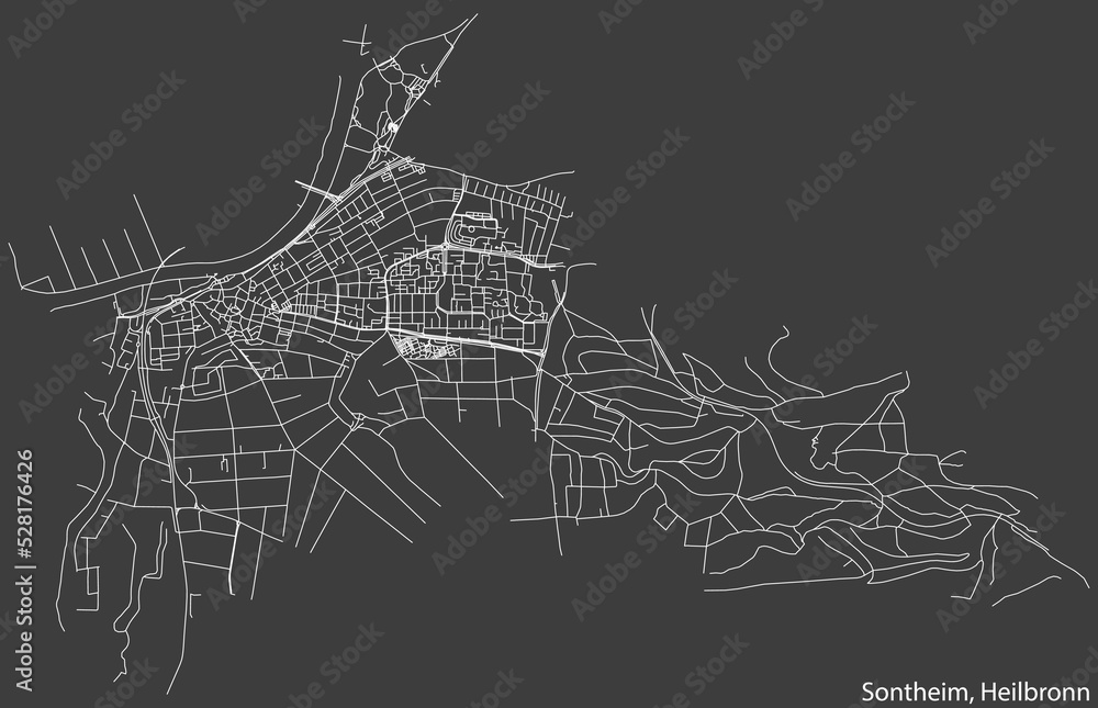 Detailed negative navigation white lines urban street roads map of the SONTHEIM DISTRICT of the German regional capital city of Heilbronn, Germany on dark gray background