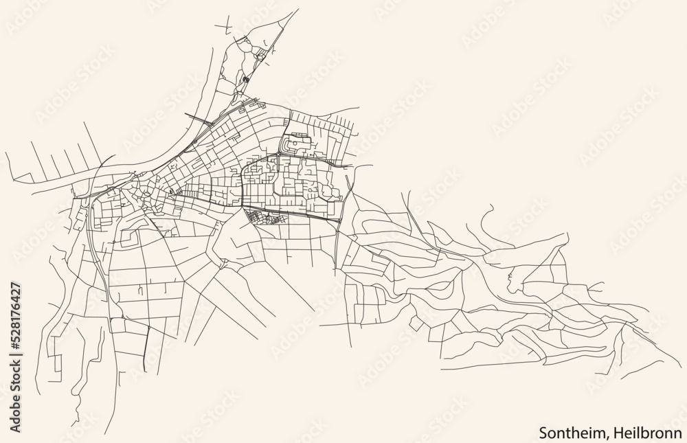 Obraz premium Detailed navigation black lines urban street roads map of the SONTHEIM DISTRICT of the German regional capital city of Heilbronn, Germany on vintage beige background