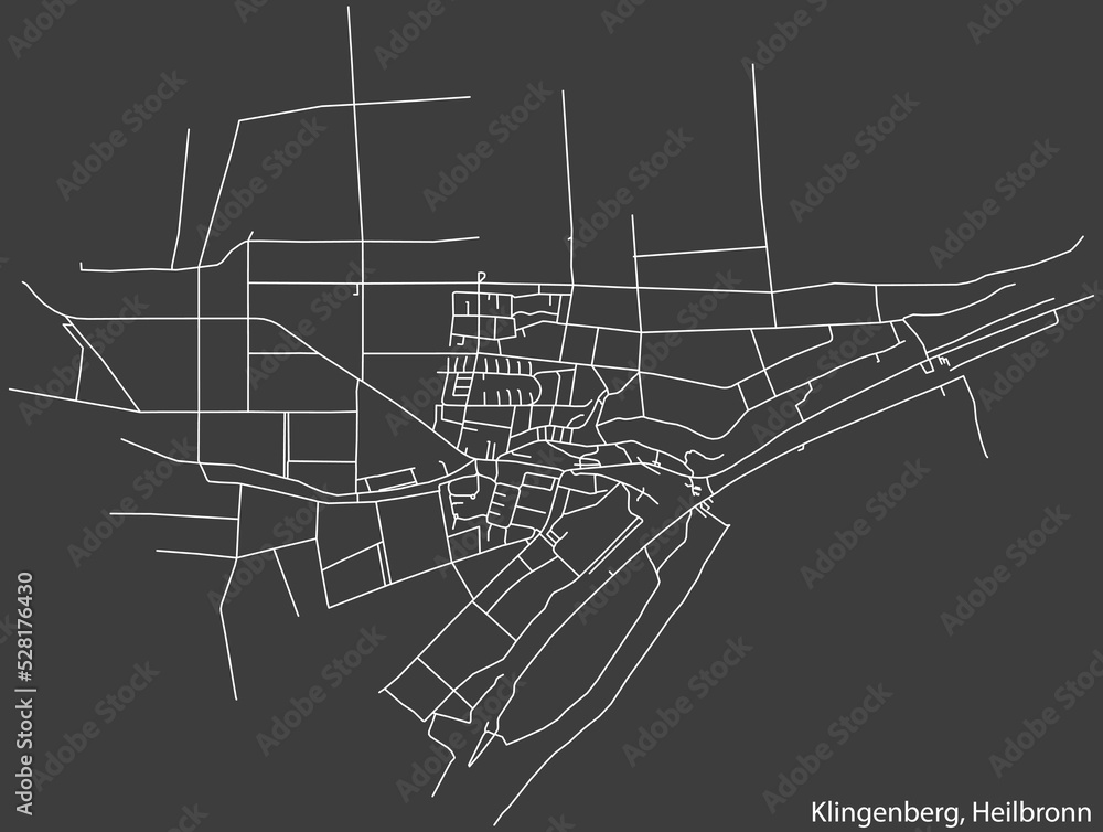 Detailed negative navigation white lines urban street roads map of the KLINGENBERG DISTRICT of the German regional capital city of Heilbronn, Germany on dark gray background