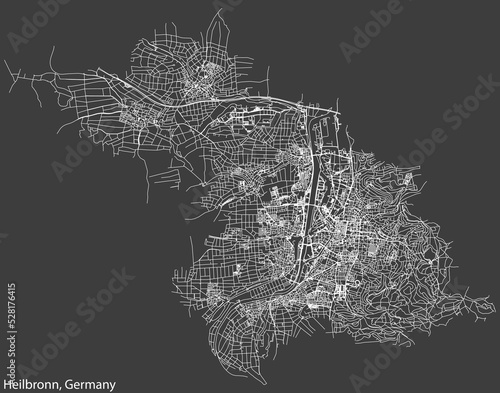Detailed negative navigation white lines urban street roads map of the German regional capital city of HEILBRONN, GERMANY on dark gray background