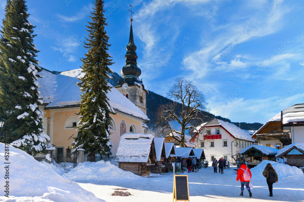Snowy village Kranjska gora in winter time with Christmas decorations, Slovenia