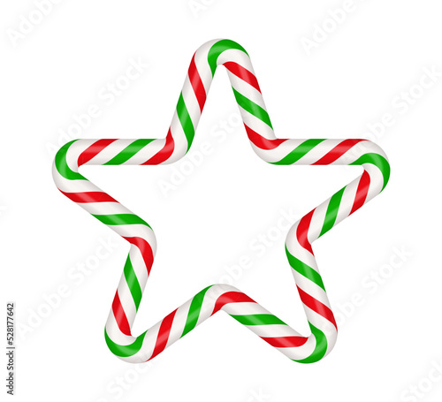 Christmas candy cane star frame with red and green striped. Xmas border with striped candy lollipop pattern. Blank christmas and new year template. Vector illustration isolated on white background.