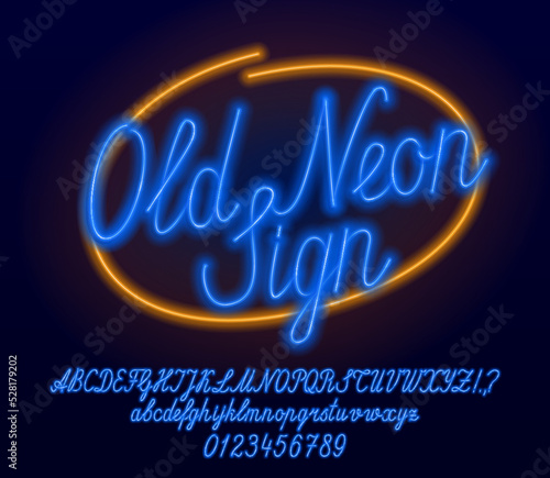 Old Neon Sign alphabet font. Blue neon script letters and numbers. Uppercase and lowercase. Stock vector typescript for your design.