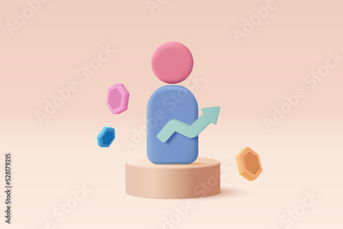 3D people in team leader symbol and trade graph. Problem-solving in time, business challenge in leadership connection to people, partnership concept. 3d trading idea icon vector render illustration