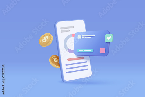 3D credit card money financial security for online shopping on mobile phone  online payment secure with credit card and money coin payment concept. 3d smartphone vector icon render illustration