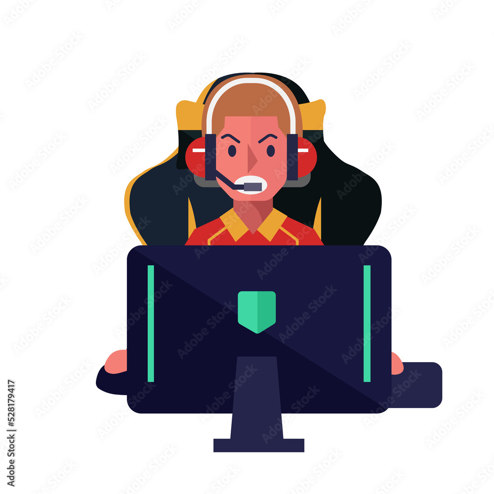 PNG file. Gamer in headphone,  Angry gamer play video game