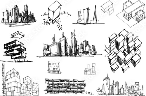 many hand drawn architectectural sketches of a modern architecture and urban ideas, buildings and people