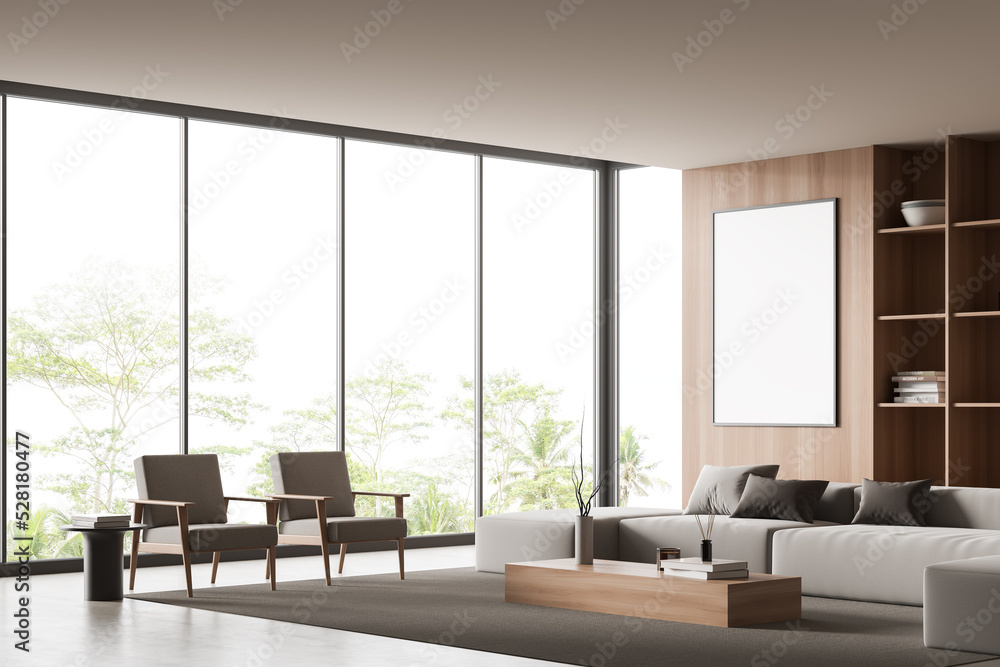 Light living room interior with couch, chair and shelf with window. Mockup frame Light living room interior with couch, chair and shelf with window. Mockup frame