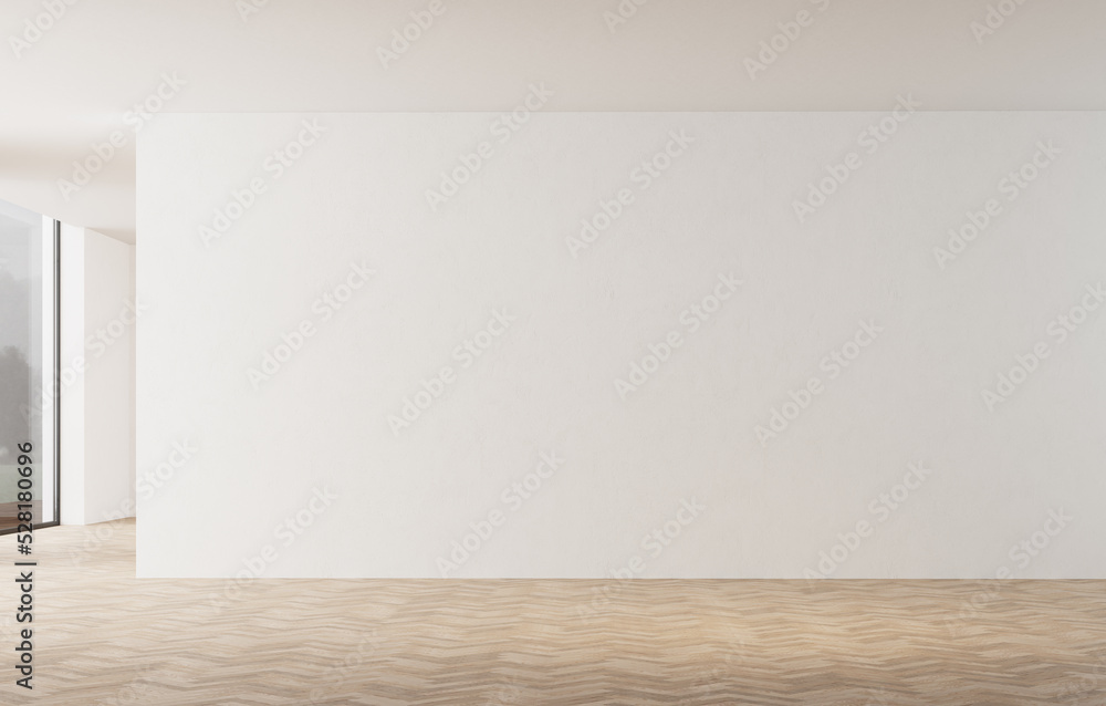 3d illustration with white walls.Natural lighting. Area with large white wall. spike parquet flooring. Architecture