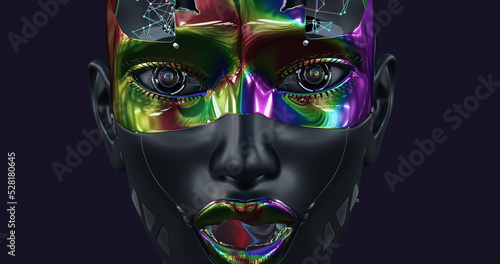 Female headshot, design of an artificial Cyber-girl closeup portrait, digital face with colorful metallic skin, detailed futuristic robot on dark background