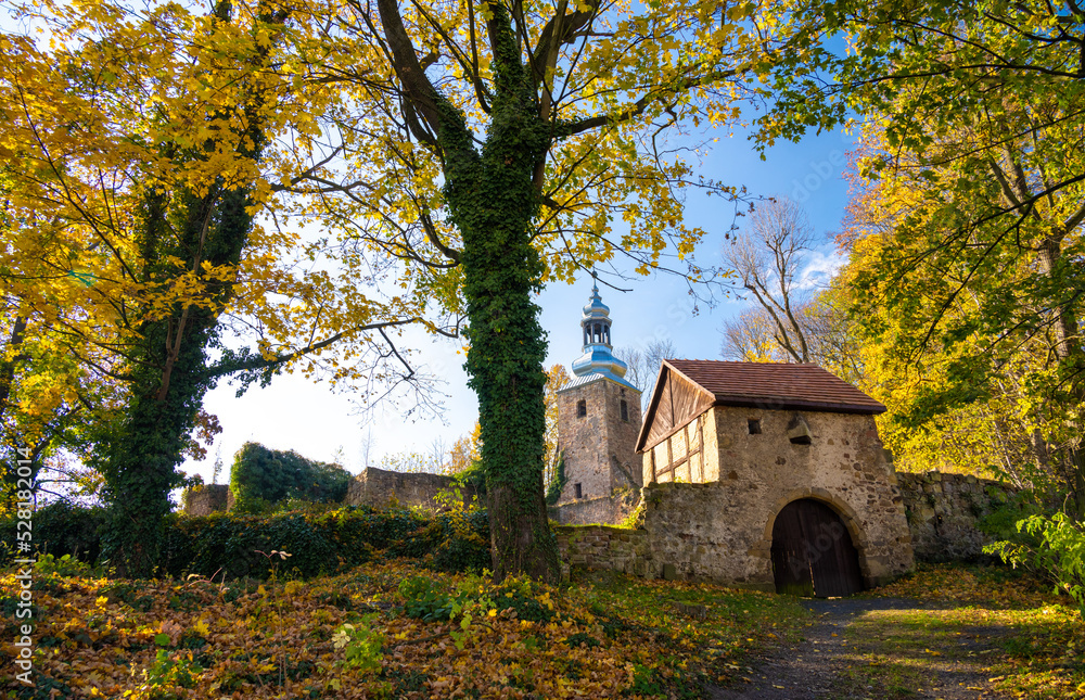 ruins of old church in autumn time in Kaczawskie mountains in Lower silesia in Poland