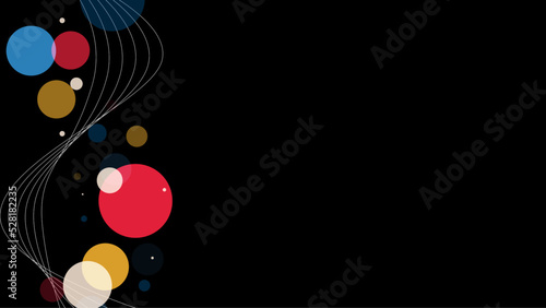 Abstract Curved Lines Wave and Colored Circle Lights, On Black Background